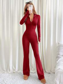 SHEIN EZwear 2pcs Women Solid Color Zip Up Jacket & Flared Pants Set - Red - View 3