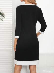 EMERY ROSE Vestido mini casual de manga 3/4 ajustado con empalme de contraste blanco y negro para mujeres, primavera y verano