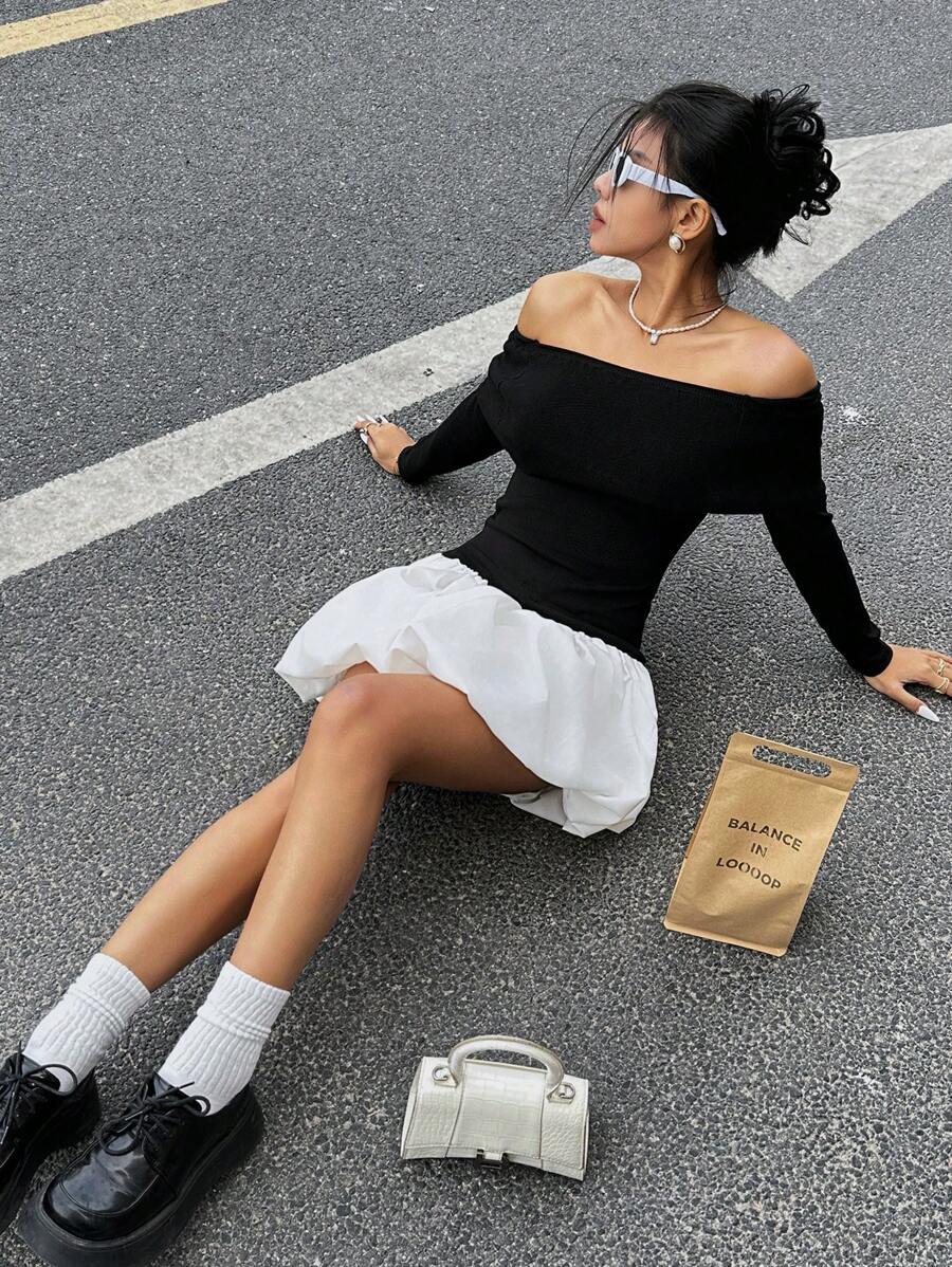 SHEIN Unity Đầm len dệt kim cổ điển thời trang giản dị đa năng cho nữ màu đen và trắng cổ áo hở vai ôm sát chắp vá, mùa thu/đông - Đen và trắng - Xem 1