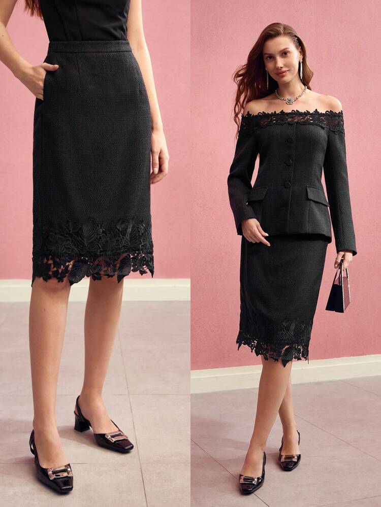 CONTRAST LACE STRAIGHT SKIRT,VALENTINE'S DAY