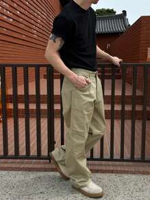 DAZY Plain Olive Green Men's Casual Baggy Cargo Pants, All Season - Army Green - View 6