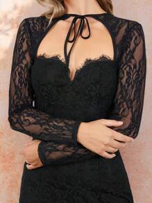 Amorya Women's Elegant Black Lace-Up Hollow Out Black Dress, Suitable For Commute, Work, Daily Wear, Party, Summer' Valentines Clothes Mardi Gras Outfits Spring Valentine's Day Vacation Outfits Woman Chinese New Year Outfit Cny Dress Valentines Dress - Black - View 5