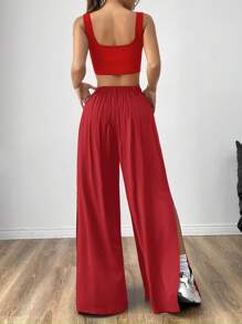 SHEIN EZwear Music Festival Flowy Slit Wide Leg Pants & Seamless Scoop Neck Cami Top - Red - View 3