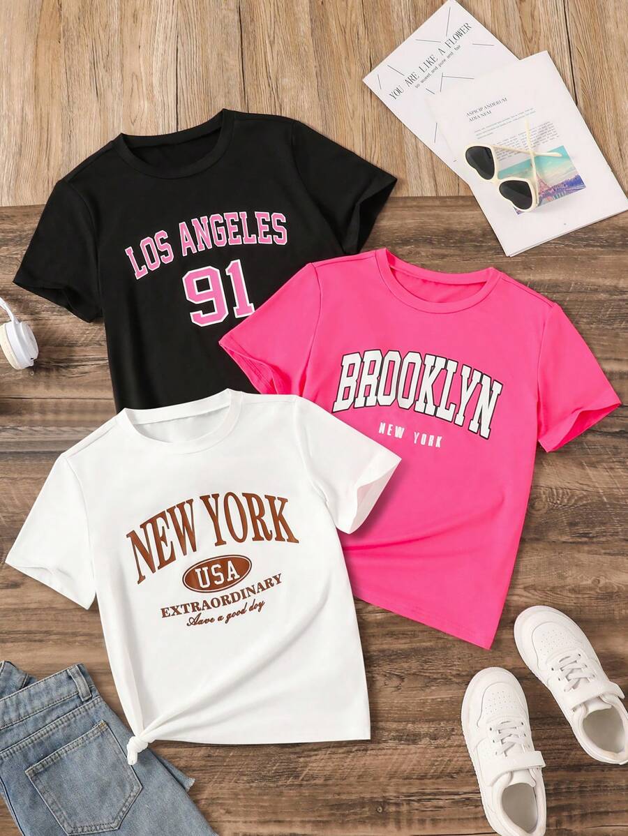 3 件装 女童休闲日常通勤美式字母图案短袖 T 恤