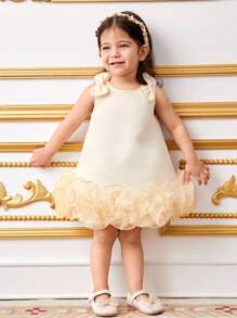 SHEIN Baby Girl Elegant Round Neck Bowknot Shoulder Decor Ruffle Hem Dress - Champagne - View 4