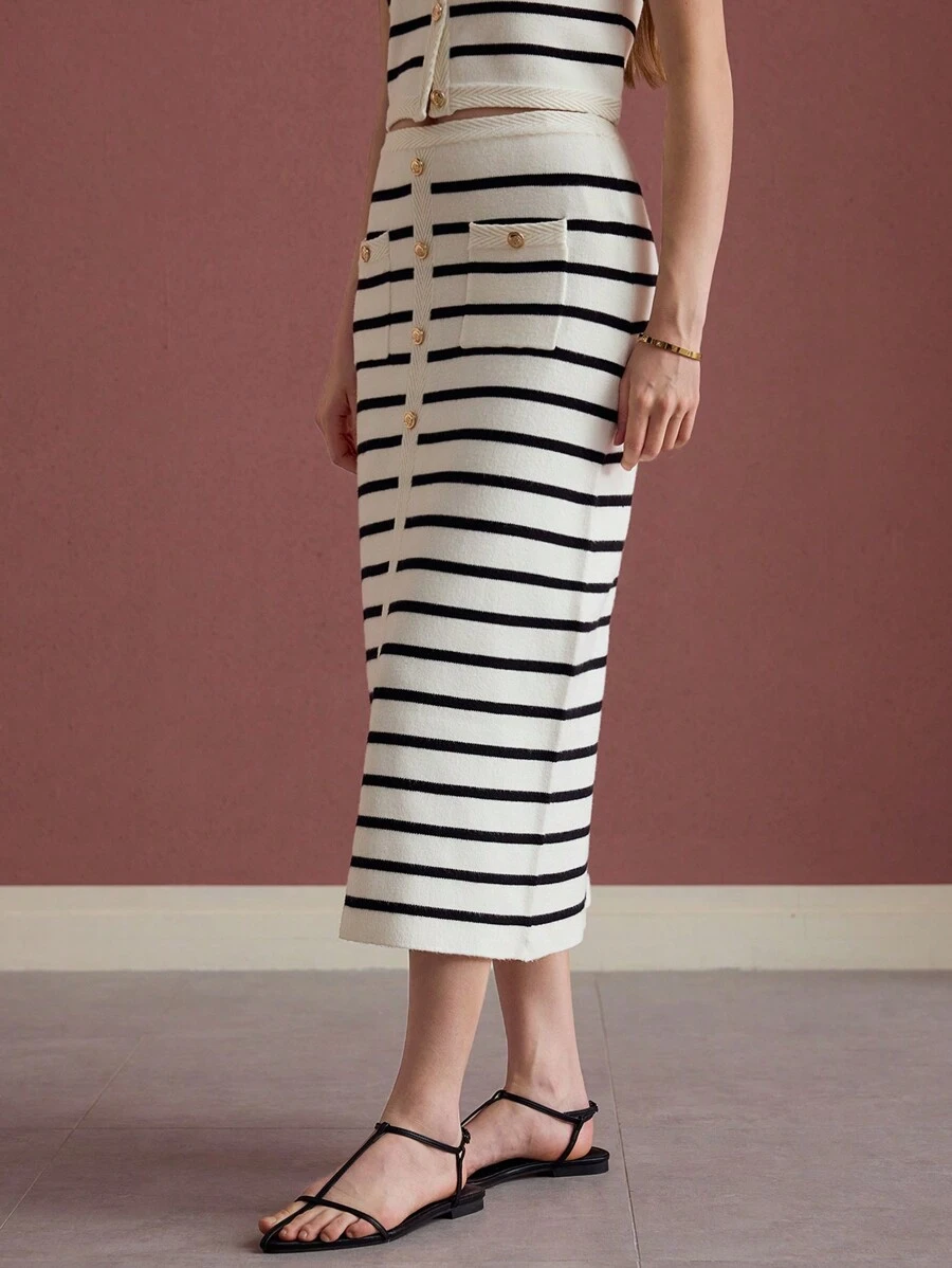 MOTF PREMIUM SAIA DE SUÉTER COM DECORAÇÃO DE BOTÕES LISTRADA