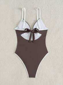 GENKIRA 夏季 1 件棕色纯色连体泳衣，柔软衬垫钢圈，高开叉裤腿，可拆卸肩带连体泳衣 - 棕色 - 查看 8