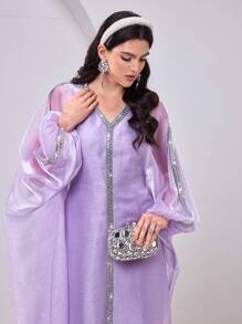 Al Najma Women's Bat-Sleeve Spliced Rhinestones Belted Elegant Turkish Style Dress Kaftan Jalabiya Dress - Mauve Purple - View 3