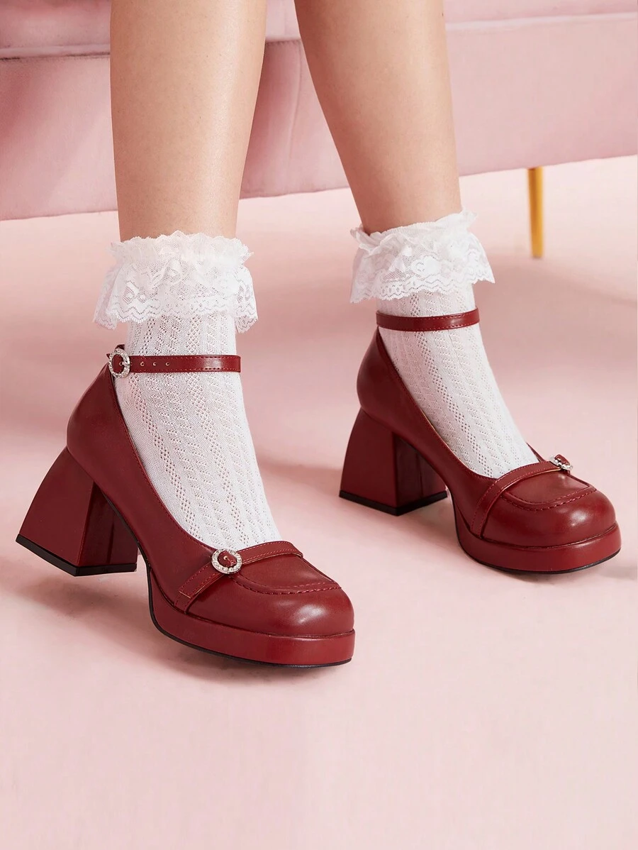 CUCCOO DOLLMOD Burgundy Round Toe Mary Jane Flats With Rhinestone Buckles, French Style, Waterproof Platform Thick High Heel Slip-On Women Shoes Spring Shoes Spring Break Easter - Burgundy - View 1