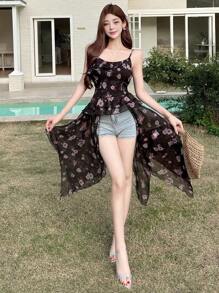 DAZY 女士花卉吊带中长连衣裙 巡航女士服装 透明太阳裙 - 黑色 - 查看 3