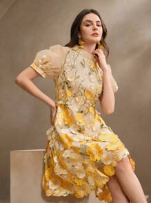 Anewsta New Spring/Summer Women Urban Elegant Mesh Embroidered Jacquard Midi Dress, Suitable For Valentine's Day, Date Night, Vacation Outfits - Yellow - View 6