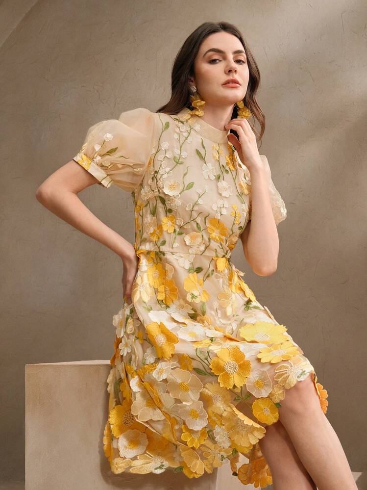 Anewsta فستان نسائي أنيق مطرز بالشبك الجاكار، مناسب لفصلي الربيع والصيف، مناسب لعيد الحب، عذاء الليل، أزياء العطلات - أصفر - مشاهدة 6