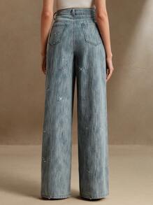 Anewsta 女士宽松休闲阔腿牛仔裤配亮片装饰 - 藍色 - 查看 4