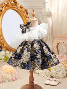 SHEIN Baby Girl Cute & Elegant Floral Pattern Ruffle Hem Summer Dress - White - View 1