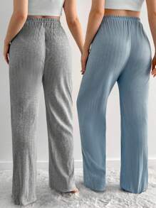 SHEIN 100%Cotton Plus Cottnline 3 Piece Solid Knit Pants Set - Multicolor - View 2