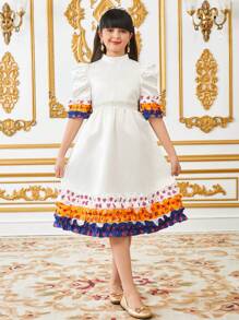 SHEIN Tween Girls' Stand Collar Short Sleeve Ruffle Midi Satin Dress - White - View 1