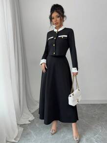 Elenzga 2 pièces Ensemble veste à col montant bicolore et mini-jupe pour femmes - Noir - Voir 6