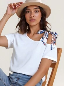 SHEIN LUNE Asymmetrical Neck Knot Shoulder Tee