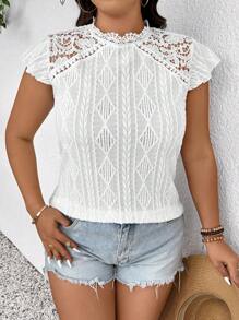 SHEIN Frenchy Plus Size Solid Color Shell Trim Hollow Casual Loose Blouse, Everyday Wear