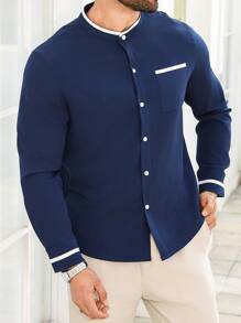 Manfinity Mode Plus Size Men's Solid Color Button-Up Pocket Long Sleeve Shirt - Blue - View 5
