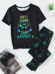 SHEIN 青少年男孩游戏机图案短袖上衣和紧身裤套装，荧光色游戏机印花，黑色紧身衣