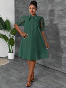 Maweii Plus Size Women's Loose Mesh Patchwork Bowknot Design Vacation Dress, Spring/Summer - Dark Green - View 6
