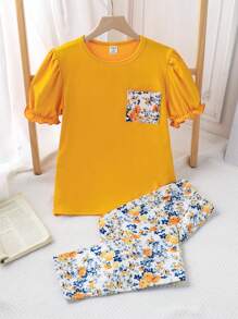 Tween-Mädchen Kurzärmliges Oberteil mit Blumendruck und Hose mit elastischer Taille, 2-teiliges lässiges Pyjama-Set