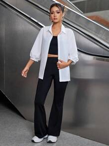 3 件套青少年女孩休闲百搭黑白衬衫 + 吊带背心 + 喇叭裤套装，适合通勤、度假和居家 - 黑色 - 查看 1