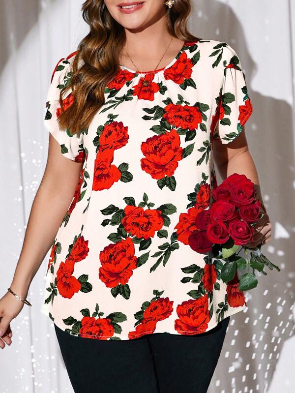 EMERY ROSE Plus Size Women's Valentine's Day Rose Floral Leaf Print Round Neck Petals Short Sleeve Elegant Party Blouse,Springs For Women For Summer