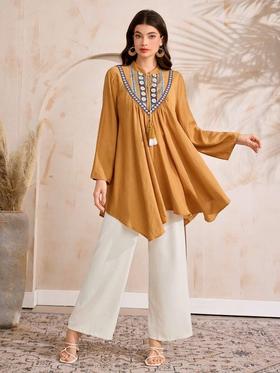 Al Najma Modest Casual Pattern Fringe Trim Arabic Style Top For Women - Yellow - View 1