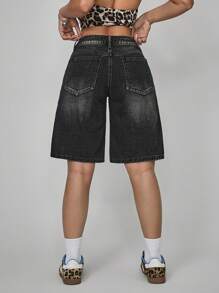 SHEIN PETITE 女士前扣口袋简约宽松休闲牛仔短裤 - 黑色 - 查看 2
