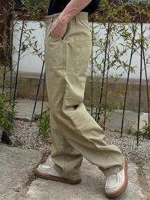 DAZY Plain Olive Green Men's Casual Baggy Cargo Pants, All Season - Army Green - View 2
