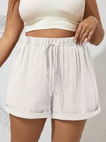 SHEIN VCAY Plus Tie Waist Roll Up Hem Summer Shorts - White - View 1