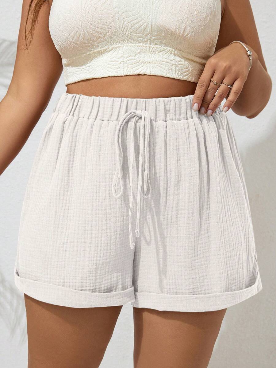 SHEIN VCAY Plus Tie Waist Roll Up Hem Summer Shorts - White - View 1