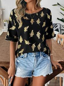 SHEIN LUNE 女士时尚休闲衬衫，短袖，垫肩翻领，圆领，黑色和金色树枝和树叶印花，宽松版型，春夏 - 黑色 - 查看 4