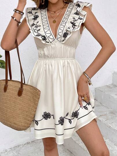 SHEIN Frenchy 女士优雅浪漫定位花朵印花荷叶边下摆拼接迷你连衣裙、荷叶边短袖印花连衣裙、松紧腰 V 领背心裙、适合日常穿着、法式假日休闲装、约会连衣裙