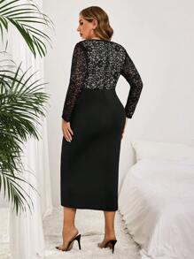 SHEIN Clasi 大码女式黑色蕾丝 V 领紧身迷你连衣裙、凉爽连衣裙、减压装、优雅晚礼服、时尚家居服 - 黑色 - 查看 2