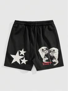 ROMWE MEN Street Life Men's Casual Drawstring Waist Star & Figure Print Low Rise Shorts, Street Style - Black - View 1