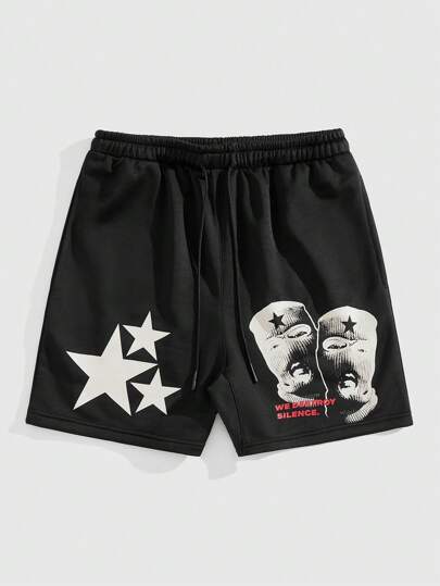 Street Life Pantalones cortos casuales de hombre con cordón en la cintura, estampado de estrellas y figuras, de talle bajo, estilo urbano