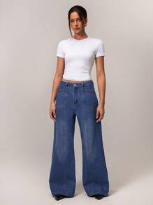 Forever 21 女式简约前口袋宽松休闲牛仔裤 - 藍色 - 查看 3