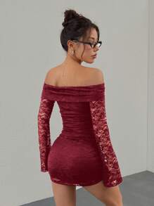 SHEIN EZwear Women's Solid Off-Shoulder Long Sleeve Slim Fit Short Dress