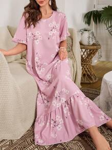 Serenescape 泡泡荷叶边下摆花卉印花长款睡袍娃娃装 Luxeloungewear, Moo Moo - 彩色 - 查看 6