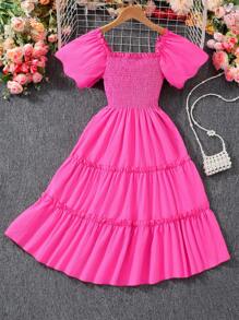 Vestido de manga corta de espalda de tirantes de un solo color para niñas preadolescentes - Rosa Fucsia - Ver 2