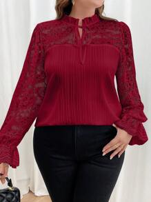 SHEIN Clasi Plus Size Solid Color Front Tie Long Sleeve Simple Casual Shirt, Everyday Wear - Burgundy - View 1