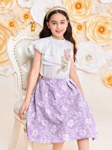 SHEIN 2pcs/Set Tween Girls Casual Stand Collar Asymmetric Ruffle Sleeveless Blouse & Jacquard Skirt Outfit - Mauve Purple - View 4