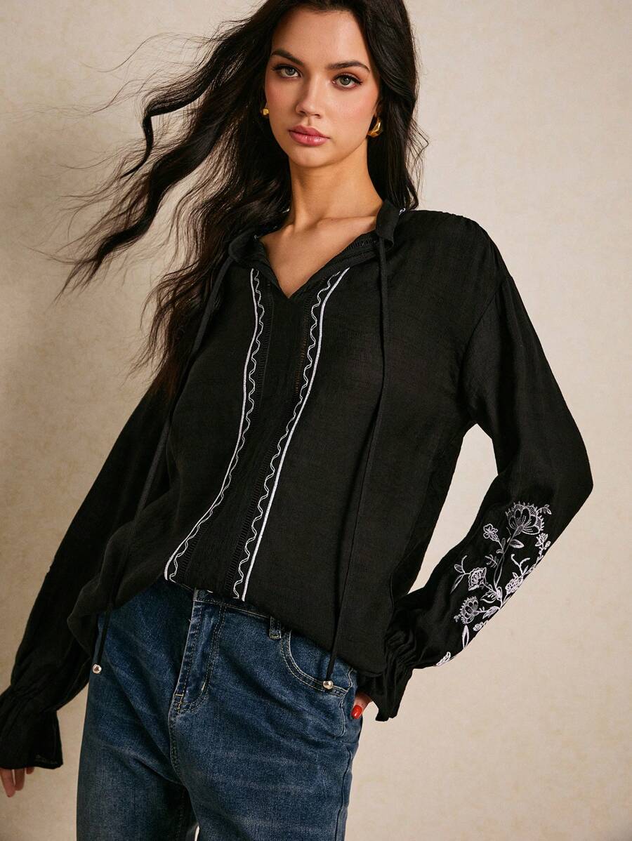 Poéselle Women's Floral Embroidery Front Tie Long Sleeve Casual Blouse - Black - View 1