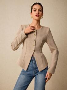 Poéselle Herringbone Tweed Front Metallic Buttons Waisted Long Sleeve Overcoat - Apricot - View 5