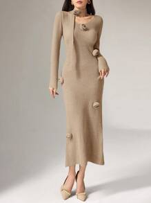 Modelyn 女士针织毛衣裙，休闲时尚，适合日常穿着 - 杏色 - 查看 8