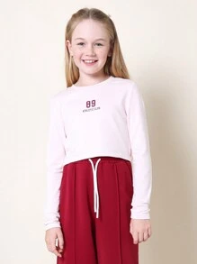 SUMWON Tween Girls Everyday Play 长袖婴儿 T 恤，带图案印花和慢跑裤 2 件套 - 酒紅色 - 查看 3