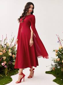 Modelyn Women's Pleated Mismatch Sleeve Dress Fall Cloth For Women - Red - View 6